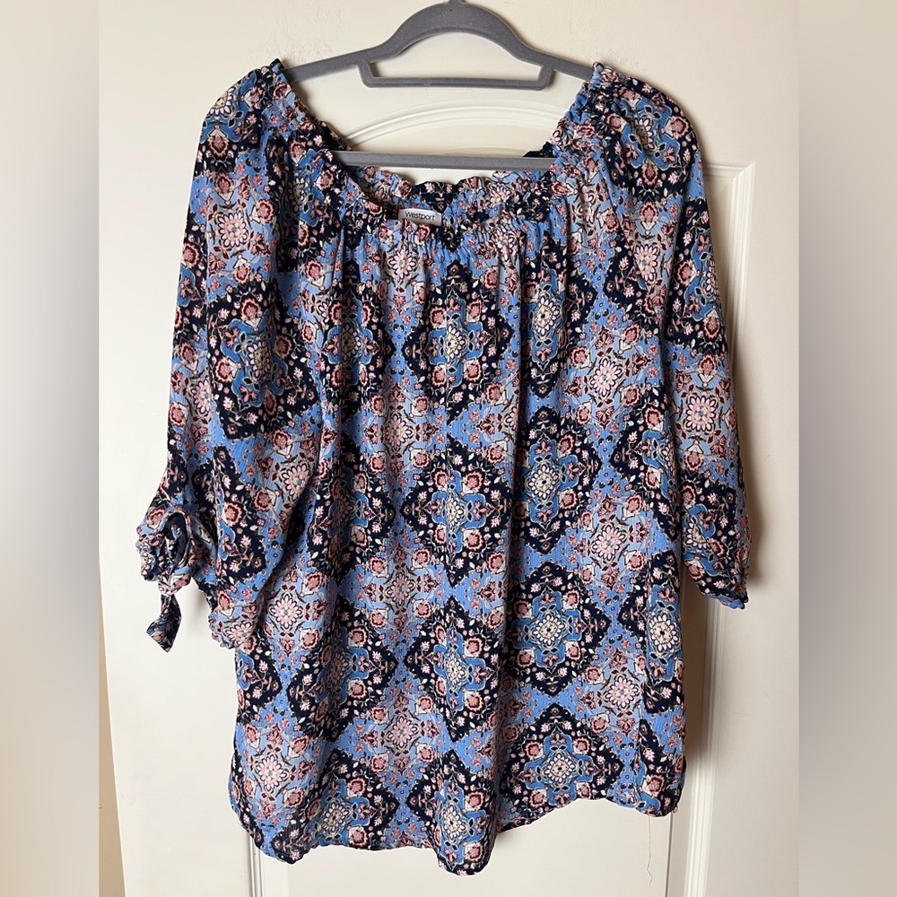 Westport Blue Floral Short Sleeve Tie Women's Flowy Blouse Size 1X